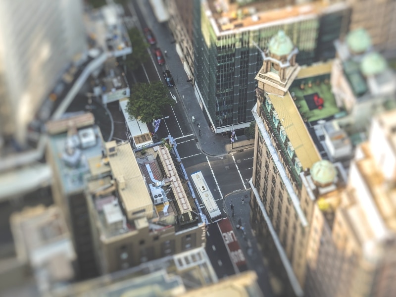 Aerial view of a Sydney CBD intersection with government and commercial buildings, related to crown development application NSW.