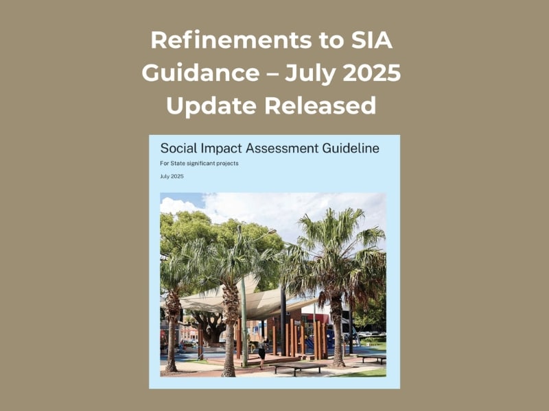 Cover of the July 2025 update to social impact assessment guidelines, featuring palm trees and public space in Australia.