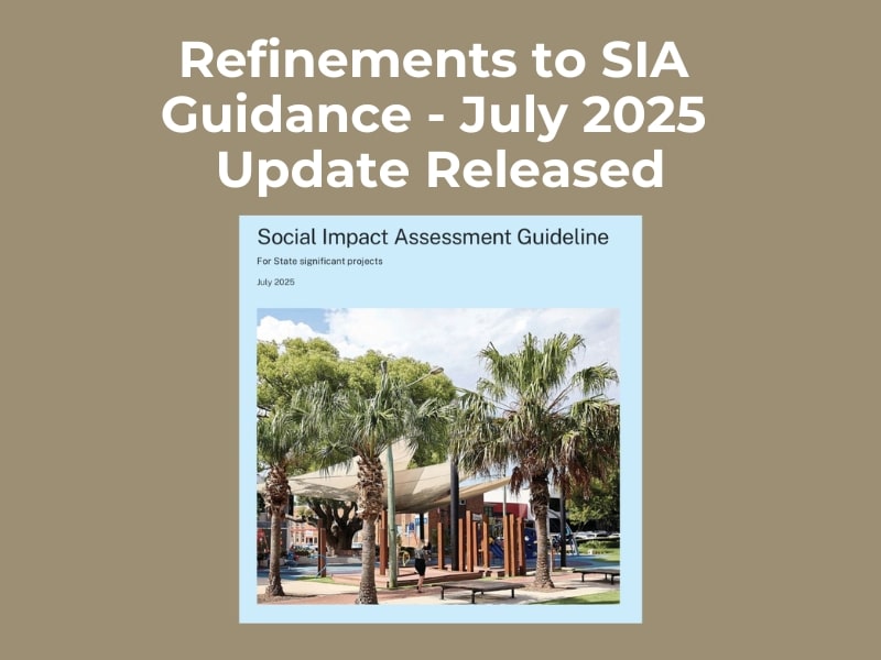 Cover of the July 2025 update to social impact assessment guidelines, featuring palm trees and public space in Australia.