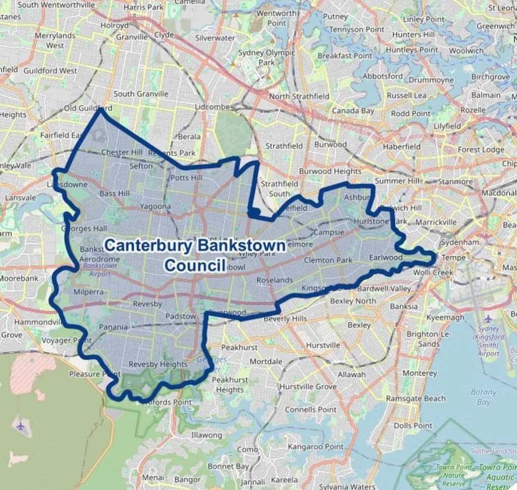 Map showing Canterbury-Bankstown Council boundaries for urban planning and development.
