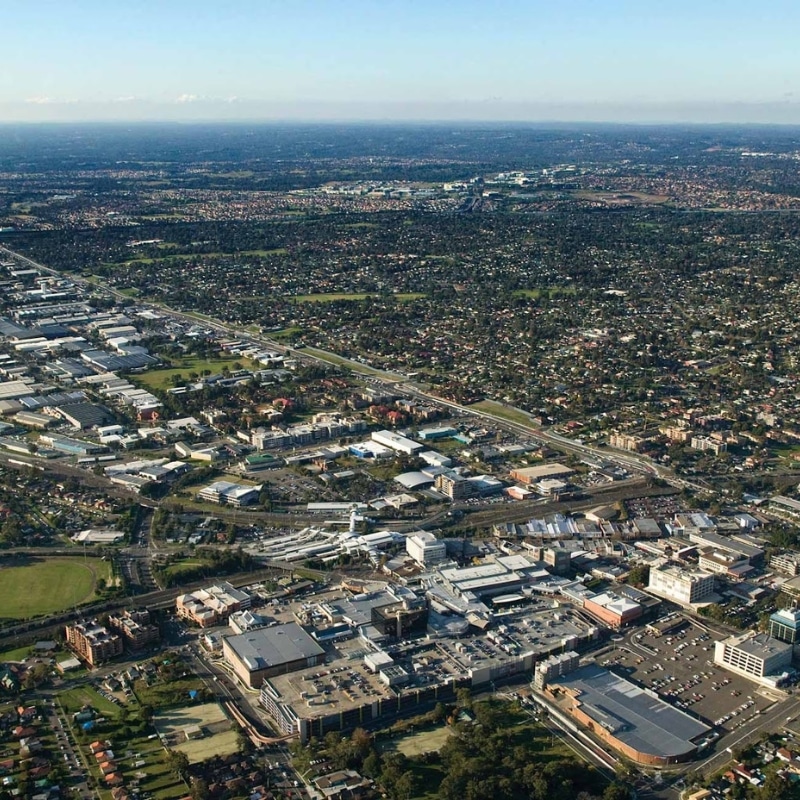 Aerial view of Blacktown showing residential, commercial, and industrial areas for town planning.