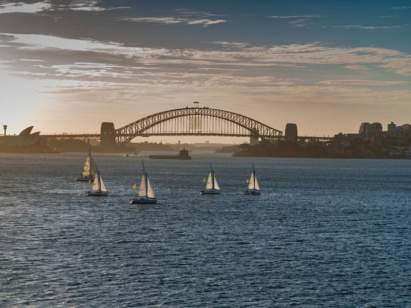 Sydney Harbour Bridge and sailing yachts symbolising strategic town planning for transport, infrastructure, and growth.