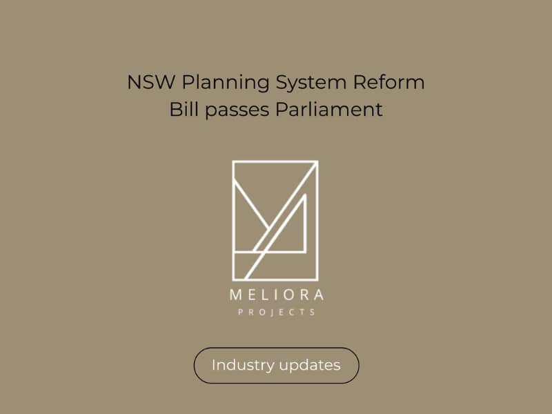 A graphic announcing the NSW Planning System Reform Bill passing Parliament, featuring the Meliora Projects logo on a beige background.