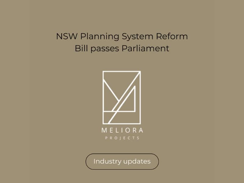 A graphic announcing the NSW Planning System Reform Bill passing Parliament, featuring the Meliora Projects logo on a beige background.